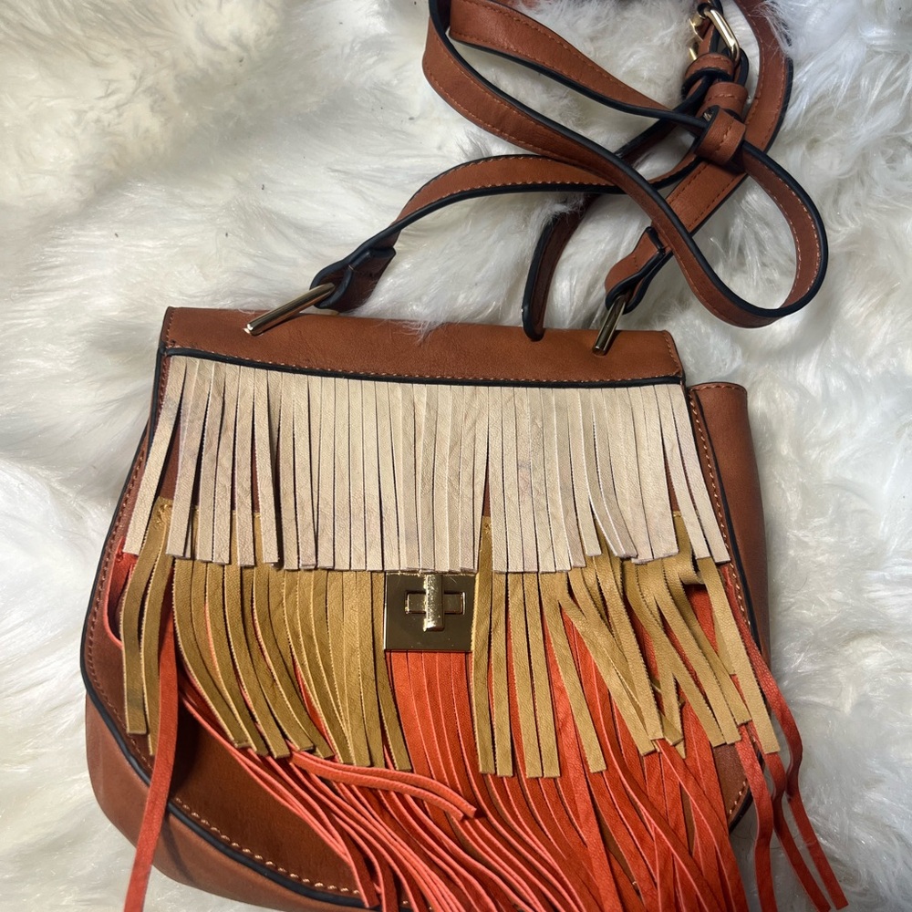 Fringe Leather Crossbody Bag - Brown, Tan, and Orange